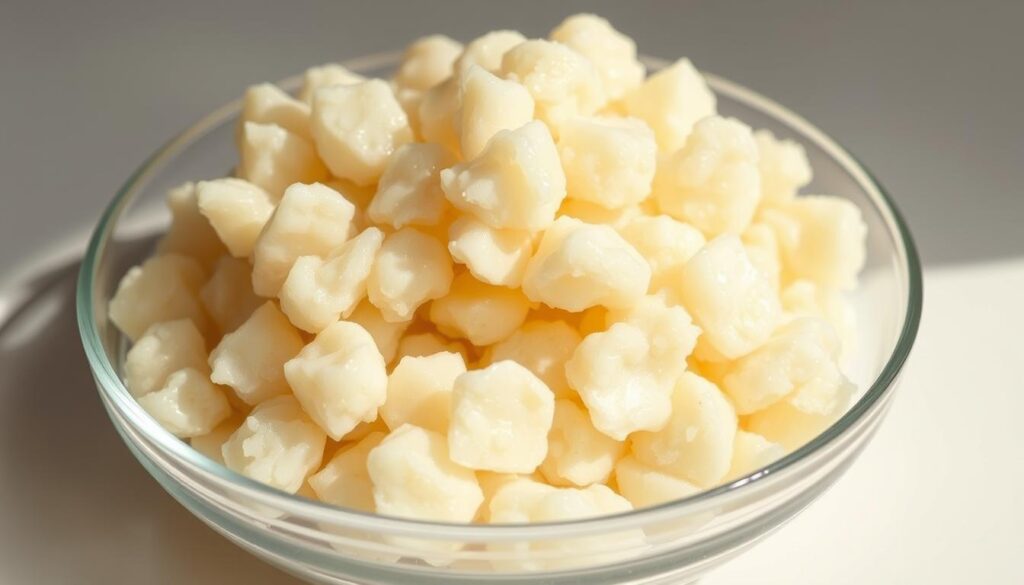 A close-up shot of a pile of moist, resilient kefir grains in a glass bowl. The grains are ivory-colored with a slightly lumpy, irregular texture, bathed in a soft, natural light that accentuates their translucent, gelatinous appearance. The grains are arranged in an organic, cascading formation, creating a sense of depth and dimension. The background is a clean, minimalist white surface, allowing the kefir grains to be the focal point. The overall mood is one of purity, nourishment, and the artisanal craft of "cuisine pratique". A close-up shot of a pile of moist, resilient kefir grains in a glass bowl. The grains are ivory-colored with a slightly lumpy, irregular texture, bathed in a soft, natural light that accentuates their translucent, gelatinous appearance. The grains are arranged in an organic, cascading formation, creating a sense of depth and dimension. The background is a clean, minimalist white surface, allowing the kefir grains to be the focal point. The overall mood is one of purity, nourishment, and the artisanal craft of "cuisine pratique".