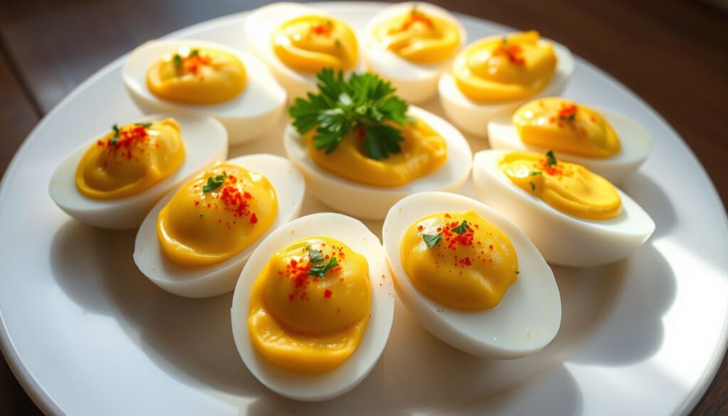 A delicate, golden-hued arrangement of hard-boiled eggs, their yolks neatly sliced and arranged on a pristine white platter. The eggs are adorned with a creamy yellow mayonnaise-based sauce, which glistens in the soft, natural lighting. Finely chopped parsley and a sprinkling of paprika add a vibrant touch, complementing the rich, velvety texture of the dish. The composition is balanced, with the eggs positioned symmetrically, creating a visually appealing and appetizing presentation suitable for an elegant, celebratory occasion. The mood is one of refinement and culinary sophistication.