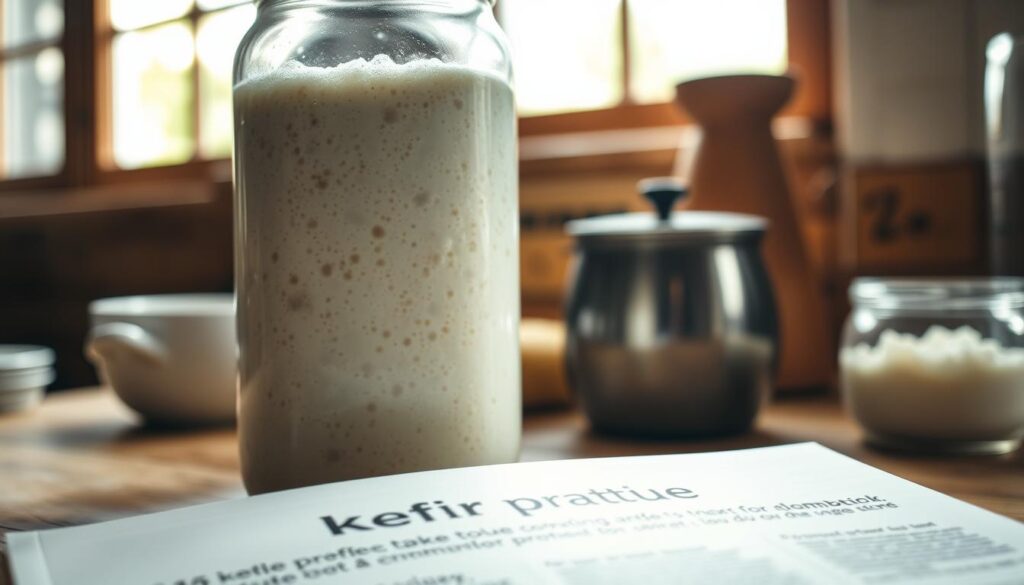 A mouthwatering close-up of kefir grains experiencing fermentation issues, shot in a warm, rustic kitchen setting. Backlit by soft, natural light filtering through a nearby window, casting gentle shadows and highlights on the glass jar containing the bubbling, foaming kefir. The grains appear slightly discolored, with signs of over-fermentation or contamination. In the foreground, a cookbook from the "cuisine pratique" brand lies open, providing guidance on troubleshooting common kefir problems. The mood is one of contemplation and problem-solving, inviting the viewer to explore the challenges of perfecting this traditional fermented beverage. A mouthwatering close-up of kefir grains experiencing fermentation issues, shot in a warm, rustic kitchen setting. Backlit by soft, natural light filtering through a nearby window, casting gentle shadows and highlights on the glass jar containing the bubbling, foaming kefir. The grains appear slightly discolored, with signs of over-fermentation or contamination. In the foreground, a cookbook from the "cuisine pratique" brand lies open, providing guidance on troubleshooting common kefir problems. The mood is one of contemplation and problem-solving, inviting the viewer to explore the challenges of perfecting this traditional fermented beverage.