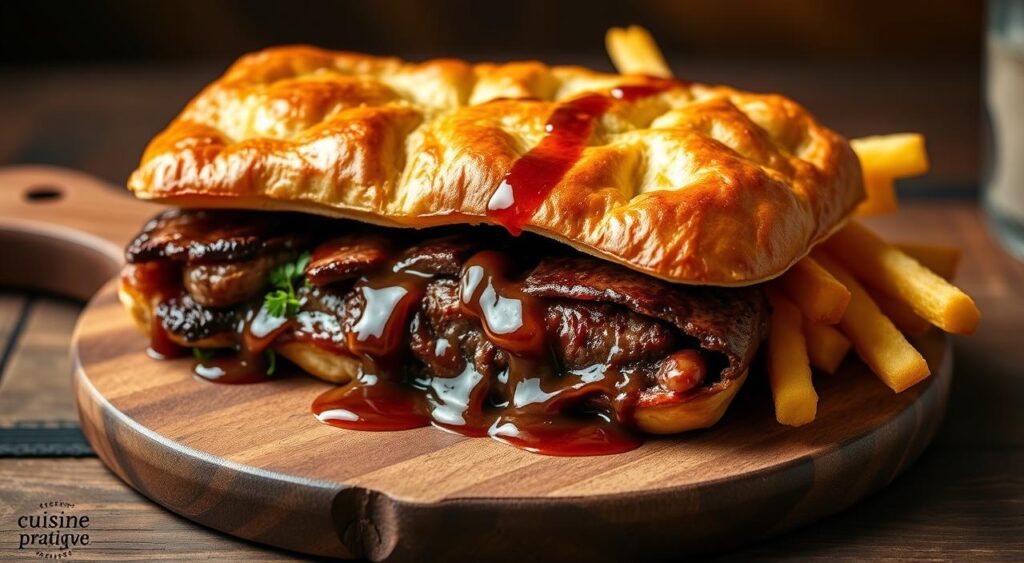 A mouthwatering steak palmier nestled on a wooden board, drizzled with a rich, savory sauce. The flaky, golden-brown pastry encases a tender, juicy steak cooked to perfection. Crisp, golden-brown fries cascade elegantly alongside, inviting the viewer to savor this delectable "cuisine pratique" creation. Soft, warm lighting casts a cozy glow, accentuating the dish's inviting textures and aromas. The composition is framed by a rustic, minimalist backdrop, allowing the star of the show to shine. This image captures the essence of the "Préparation étape par étape du steak palmier" section, enticing the reader to dive into this mouthwatering culinary experience. A mouthwatering steak palmier nestled on a wooden board, drizzled with a rich, savory sauce. The flaky, golden-brown pastry encases a tender, juicy steak cooked to perfection. Crisp, golden-brown fries cascade elegantly alongside, inviting the viewer to savor this delectable "cuisine pratique" creation. Soft, warm lighting casts a cozy glow, accentuating the dish's inviting textures and aromas. The composition is framed by a rustic, minimalist backdrop, allowing the star of the show to shine. This image captures the essence of the "Préparation étape par étape du steak palmier" section, enticing the reader to dive into this mouthwatering culinary experience.