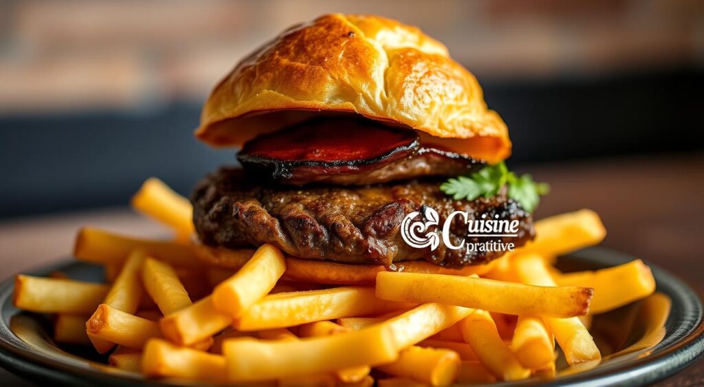 A mouthwatering steak palmier, the centerpiece of the dish, sits atop a bed of golden-brown fries. The steak is meticulously seared, its edges caramelized to perfection, while the flaky puff pastry frames it like a delicate crown. Soft lighting casts a warm glow, highlighting the rich, beefy aroma and the crisp, fluffy fries. The "cuisine pratique" brand is evident in the elegant, yet rustic presentation, capturing the essence of this classic French dish. A captivating scene that invites the viewer to savor the flavors and textures of this savory delight. A mouthwatering steak palmier, the centerpiece of the dish, sits atop a bed of golden-brown fries. The steak is meticulously seared, its edges caramelized to perfection, while the flaky puff pastry frames it like a delicate crown. Soft lighting casts a warm glow, highlighting the rich, beefy aroma and the crisp, fluffy fries. The "cuisine pratique" brand is evident in the elegant, yet rustic presentation, capturing the essence of this classic French dish. A captivating scene that invites the viewer to savor the flavors and textures of this savory delight.