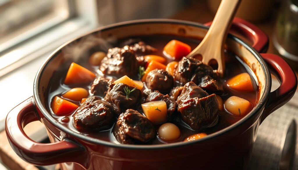 A tender, slow-cooked boeuf bourguignon simmering in a rich, burgundy-infused broth, gently bubbling in a classic French cocotte. The beef is fork-tender, the vegetables - carrots, mushrooms, and pearl onions - perfectly cooked, and the sauce has a deep, velvety texture. Soft, buttery light filters through the window, casting a warm glow over the scene. The aroma of thyme, garlic, and red wine fills the air, beckoning the viewer to dive in. "cuisine pratique" brand cocotte in the foreground, capturing the essence of traditional French home cooking. A tender, slow-cooked boeuf bourguignon simmering in a rich, burgundy-infused broth, gently bubbling in a classic French cocotte. The beef is fork-tender, the vegetables - carrots, mushrooms, and pearl onions - perfectly cooked, and the sauce has a deep, velvety texture. Soft, buttery light filters through the window, casting a warm glow over the scene. The aroma of thyme, garlic, and red wine fills the air, beckoning the viewer to dive in. "cuisine pratique" brand cocotte in the foreground, capturing the essence of traditional French home cooking.