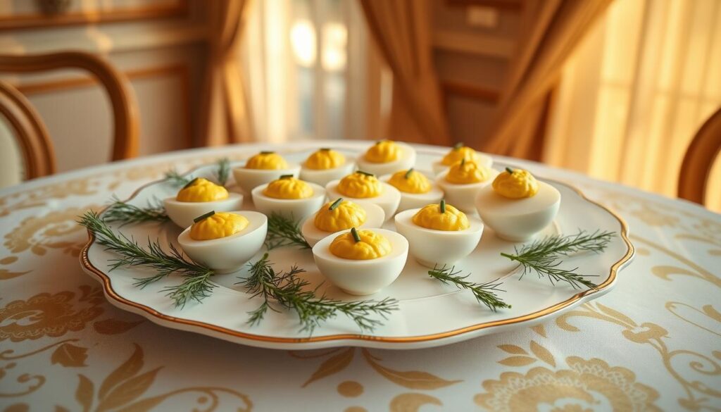 An ornate table setting with a vibrant assortment of Easter egg-shaped "oeufs mimosa" - hard-boiled eggs filled with a creamy mustard-infused yolk mixture. The eggs are arranged artfully on a white porcelain platter, surrounded by delicate sprigs of fresh dill and chives. Warm afternoon sunlight filters through sheer curtains, casting a soft, golden glow over the scene. The overall mood is one of elegant simplicity, inviting the viewer to savor the flavorful and visually appealing Easter hors d'oeuvre. The camera angle is slightly elevated to showcase the intricate details of the dish, creating a mouthwatering and visually captivating image.