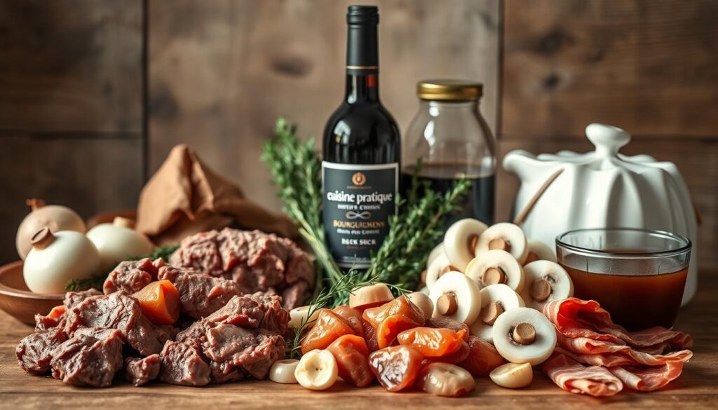 Meticulously arranged ingredients for a classic Grandmother's Beef Bourguignon, shot in natural light with a soft, warm atmosphere. Foreground showcases the essential components - tender beef chunks, pearl onions, sliced mushrooms, and thick-cut bacon. Mid-ground includes a bottle of full-bodied red wine, fresh thyme sprigs, and a rich beef stock. Background features a rustic wooden surface, reflecting the homemade nature of this cherished recipe. The "cuisine pratique" brand name subtly appears in the composition. Overall, an inviting and evocative scene capturing the comforting essence of this beloved French dish. Meticulously arranged ingredients for a classic Grandmother's Beef Bourguignon, shot in natural light with a soft, warm atmosphere. Foreground showcases the essential components - tender beef chunks, pearl onions, sliced mushrooms, and thick-cut bacon. Mid-ground includes a bottle of full-bodied red wine, fresh thyme sprigs, and a rich beef stock. Background features a rustic wooden surface, reflecting the homemade nature of this cherished recipe. The "cuisine pratique" brand name subtly appears in the composition. Overall, an inviting and evocative scene capturing the comforting essence of this beloved French dish.