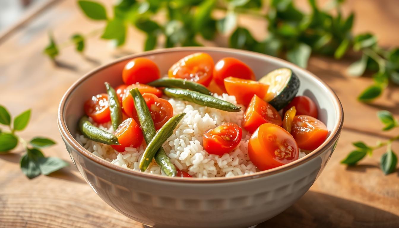 bol de riz sauté aux légumes d'été