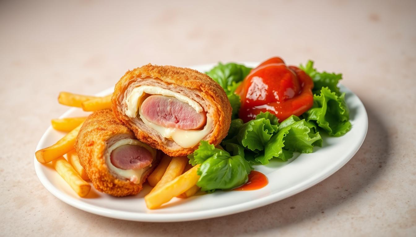 Assiette de cordon bleu maison, frites dorées et salade avec sauce piquante