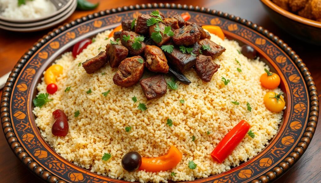 Couscous Royal aux Sept Légumes servi traditionnellement Couscous Royal aux Sept Légumes servi traditionnellement