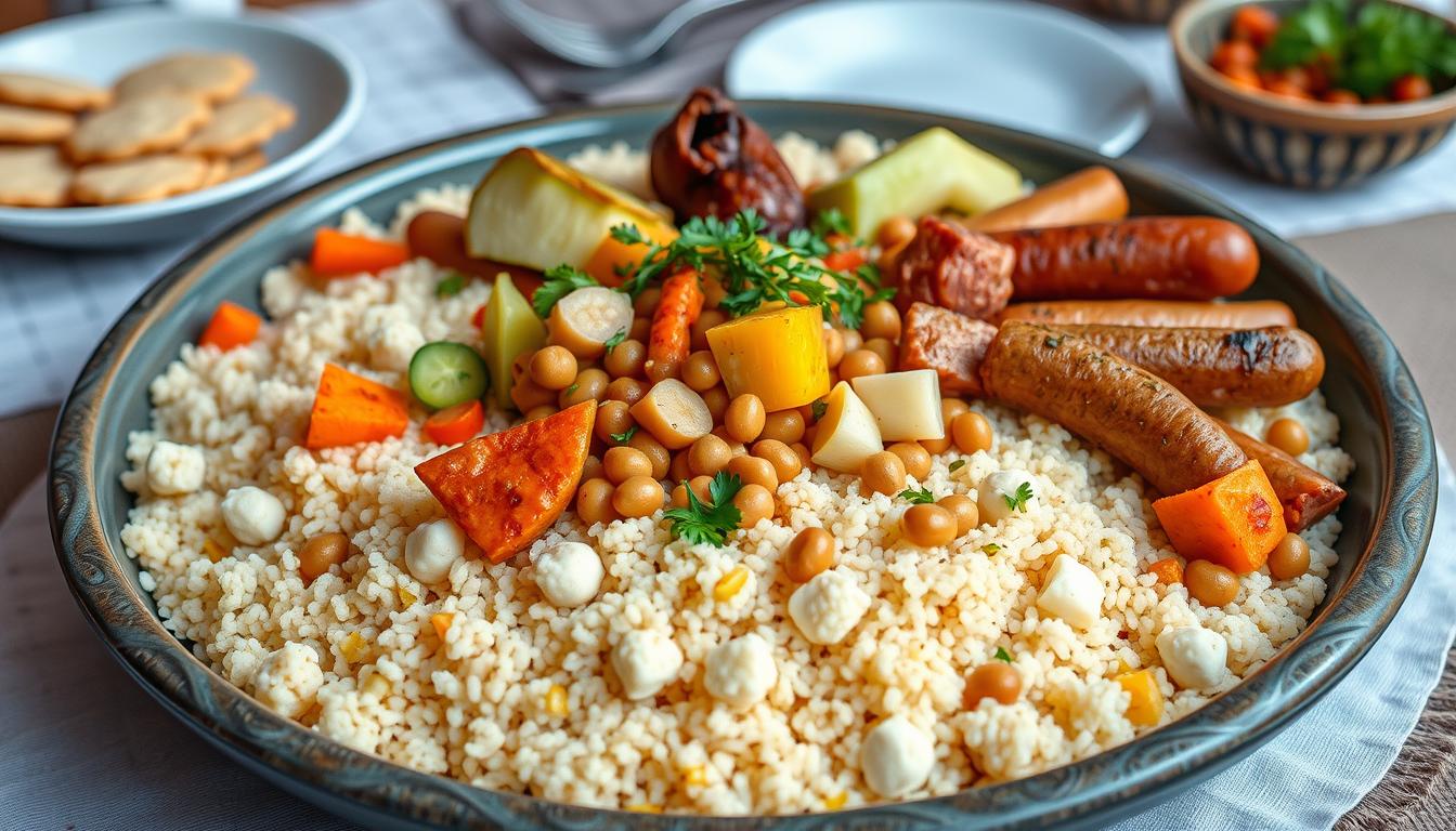 Couscous Royal aux Sept Légumes servi traditionnellement dans un grand plat