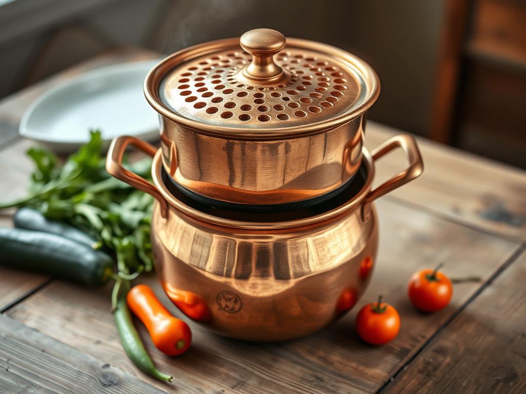 Couscoussier traditionnel en cuivre pour la préparation du Couscous Royal aux Sept Légumes Couscoussier traditionnel en cuivre pour la préparation du Couscous Royal aux Sept Légumes
