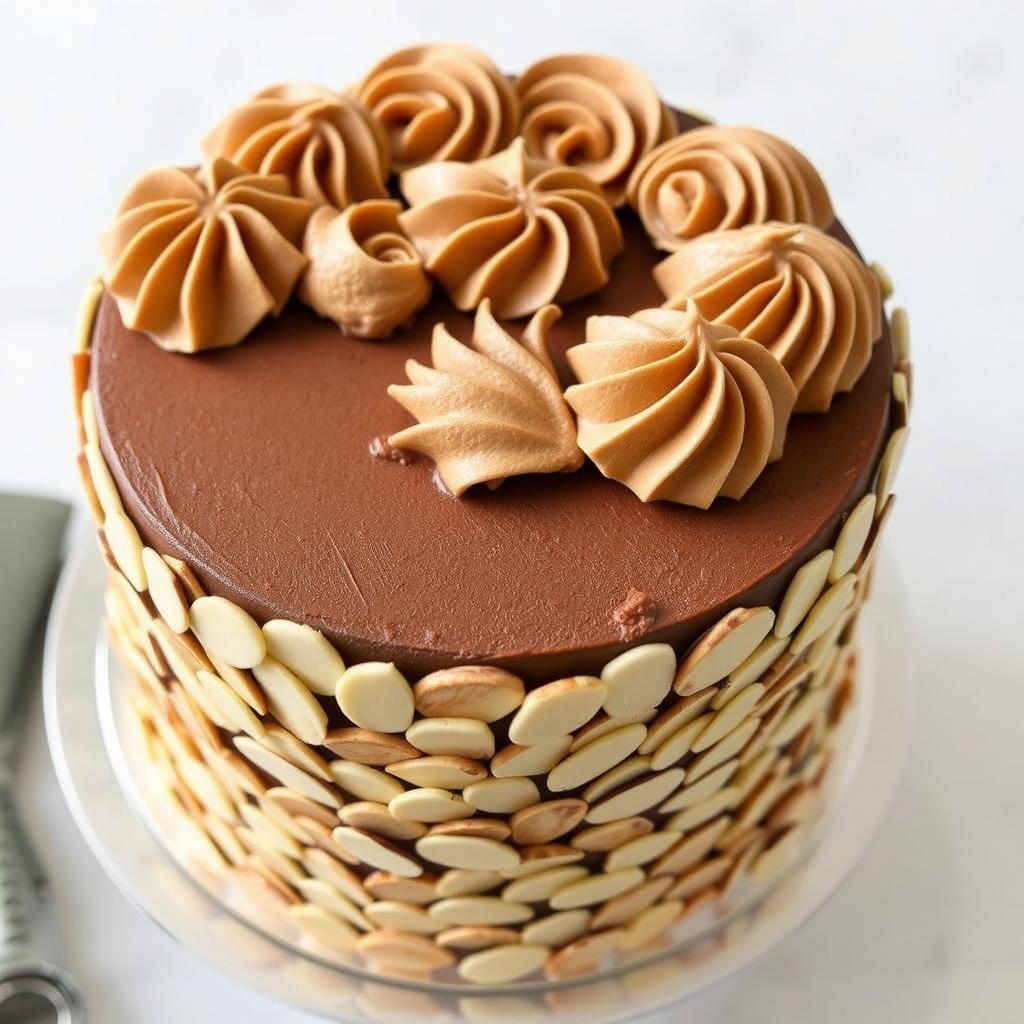 Décoration finale du moka avec amandes effilées et écriture au cornet pour le CAP pâtissier Décoration finale du moka avec amandes effilées et écriture au cornet pour le CAP pâtissier