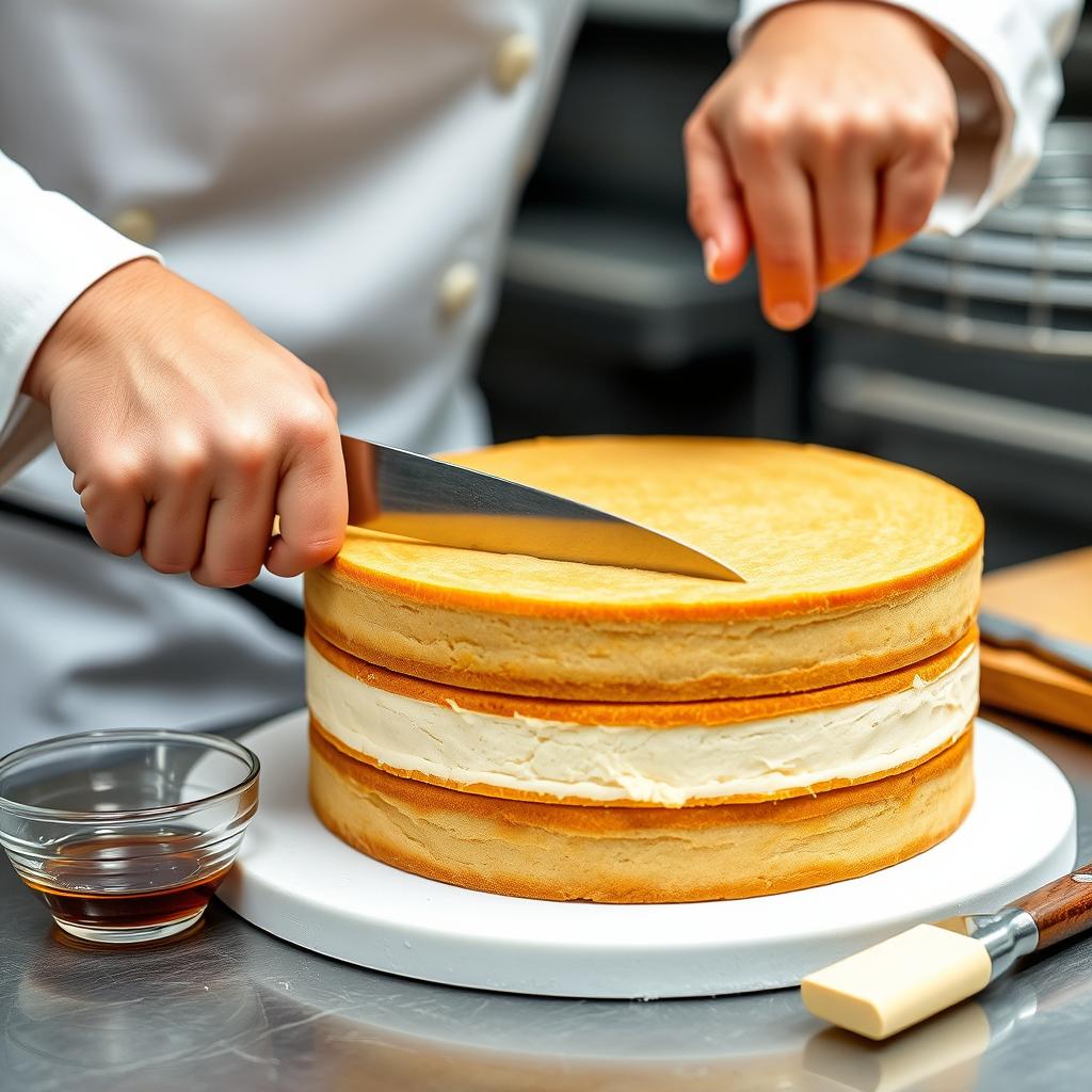 Découpe et imbibage de la génoise pour le moka CAP pâtissier Découpe et imbibage de la génoise pour le moka CAP pâtissier