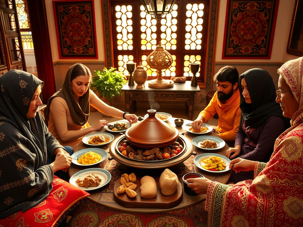 Famille marocaine partageant un repas de tajine traditionnel Famille marocaine partageant un repas de tajine traditionnel