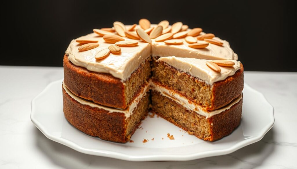 Gâteau moka traditionnel avec décoration d'amandes effilées pour l'examen CAP pâtissier