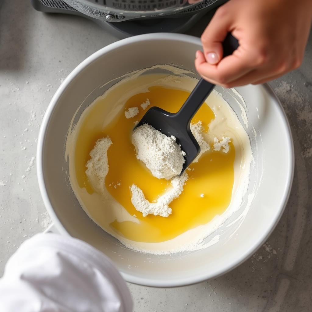 Incorporation de la farine tamisée dans la génoise pour le CAP pâtissier Incorporation de la farine tamisée dans la génoise pour le CAP pâtissier