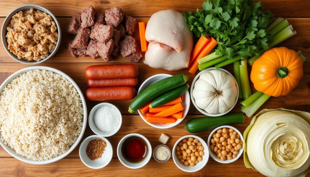 Ingrédients frais pour le Couscous Royal aux Sept Légumes disposés sur une table Ingrédients frais pour le Couscous Royal aux Sept Légumes disposés sur une table