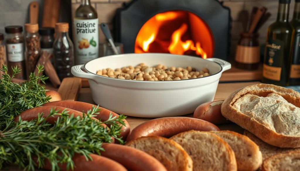 Ingrédients pour la cocotte de saucisses et haricots blancs Ingrédients pour la cocotte de saucisses et haricots blancs