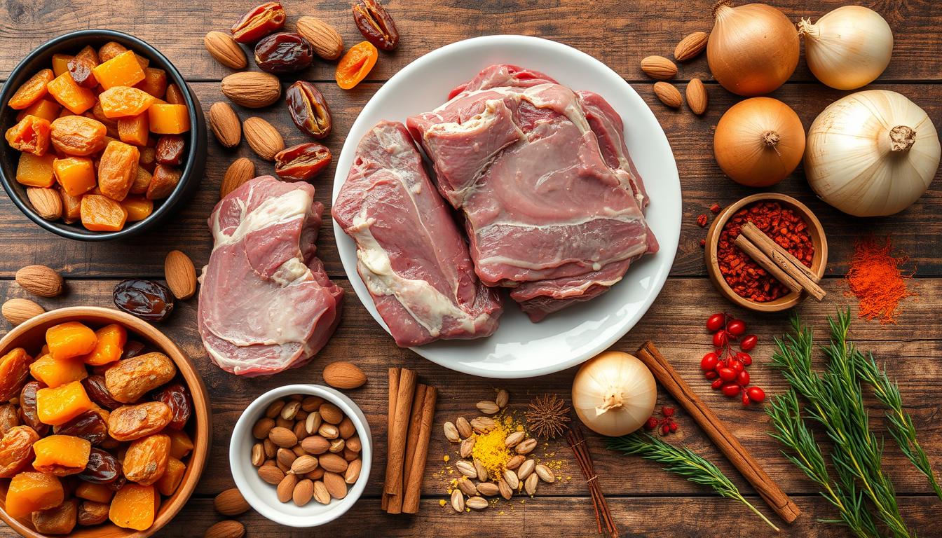 Ingrédients pour tajine d'agneau aux fruits secs disposés sur une table en bois