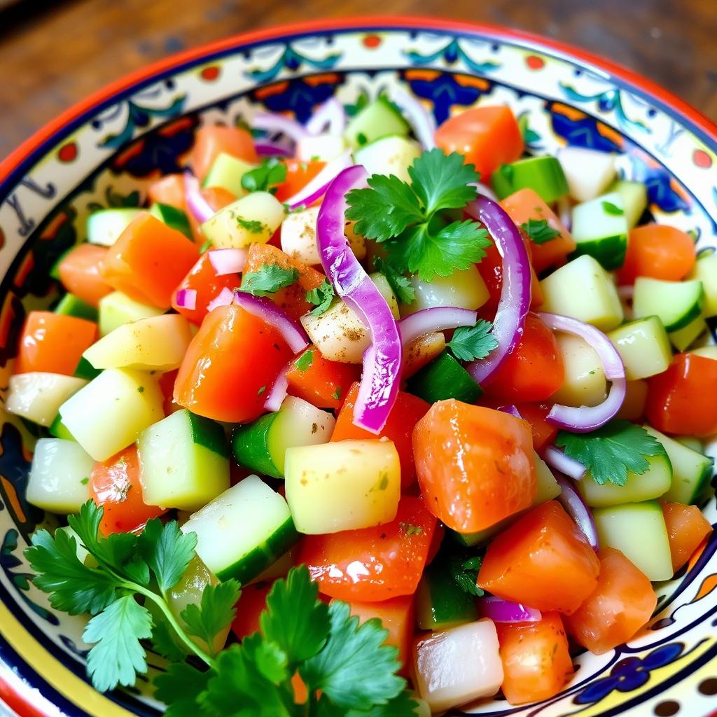 Salade marocaine fraîche de concombres, tomates et oignons Salade marocaine fraîche de concombres, tomates et oignons