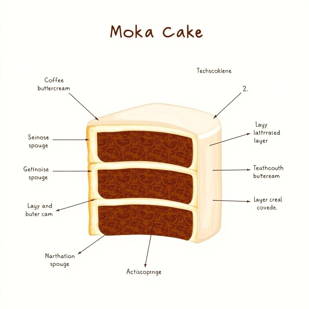 Schéma en coupe d'un moka montrant les trois couches de génoise et la crème au beurre café pour le CAP pâtissier Schéma en coupe d'un moka montrant les trois couches de génoise et la crème au beurre café pour le CAP pâtissier