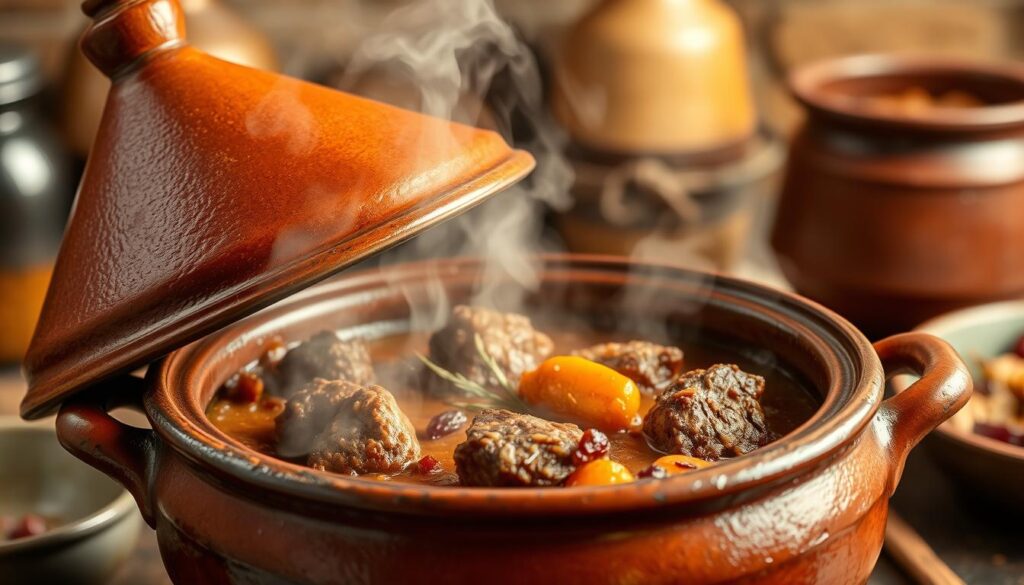 Tajine d'agneau aux fruits secs en cours de cuisson Tajine d'agneau aux fruits secs en cours de cuisson