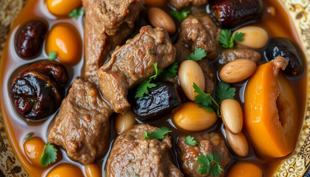 Tajine d'agneau aux fruits secs montrant l'équilibre entre viande et fruits Tajine d'agneau aux fruits secs montrant l'équilibre entre viande et fruits