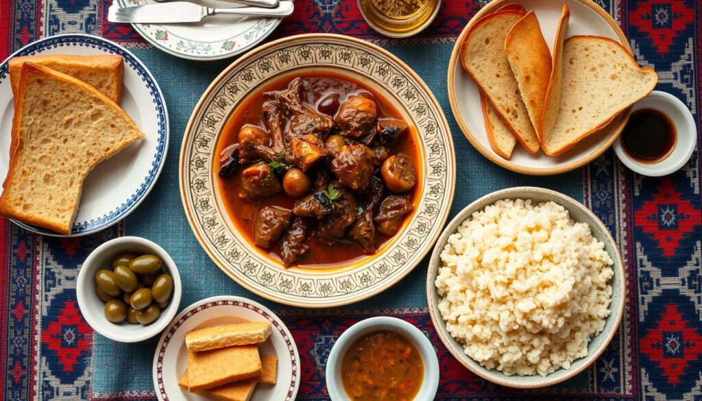 Tajine d'agneau aux fruits secs servi avec du couscous et du pain marocain Tajine d'agneau aux fruits secs servi avec du couscous et du pain marocain