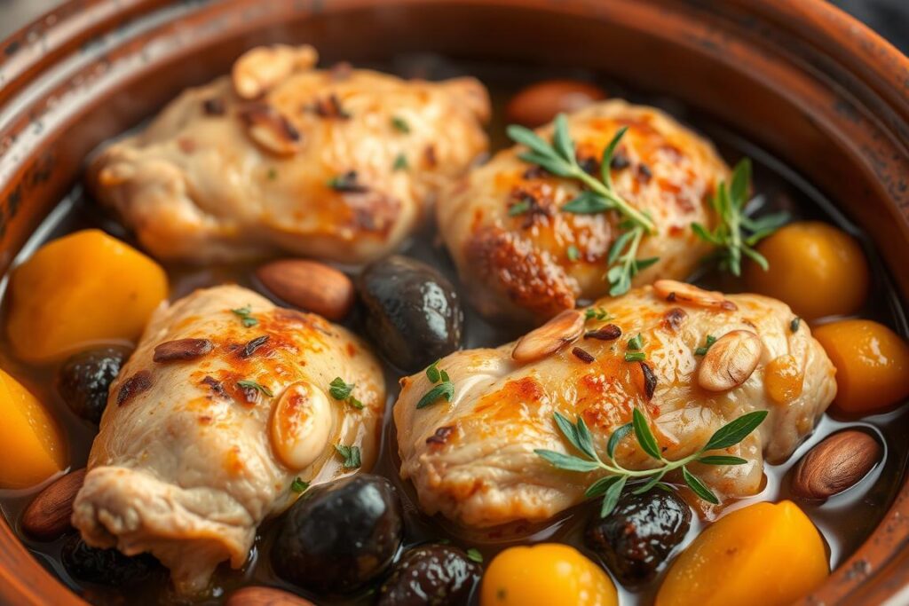 Tajine de poulet aux fruits secs dans un plat traditionnel Tajine de poulet aux fruits secs dans un plat traditionnel