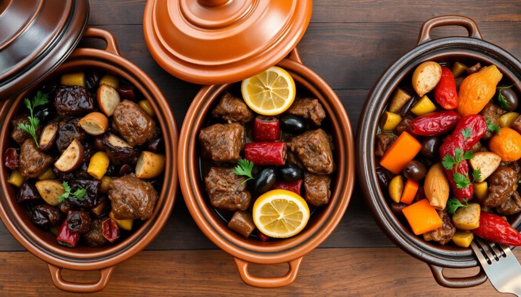 Trois variantes de tajine d'agneau servies côte à côte Trois variantes de tajine d'agneau servies côte à côte