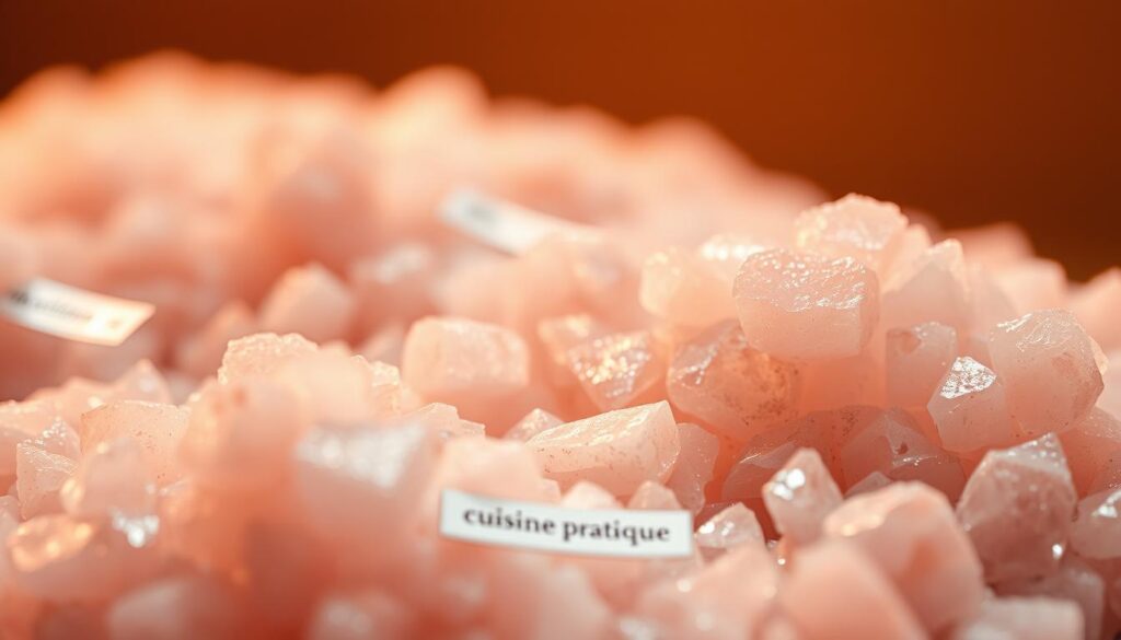 A high-quality close-up of a "sel rose de l'Himalaya" product. The salt crystals glisten under warm studio lighting, revealing their intricate natural patterns and soft pink hue. The foreground is in sharp focus, while the background is gently blurred, emphasizing the salt's texture and color. The lighting creates a soft, inviting atmosphere. In the middle ground, a small "cuisine pratique" label is visible, indicating the premium quality of this Himalayan pink salt.