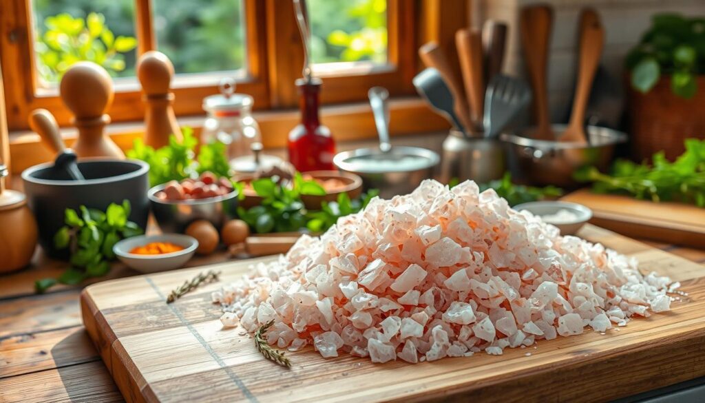 A rustic kitchen counter topped with a wooden cutting board, showcasing an assortment of "cuisine pratique" culinary ingredients. In the foreground, a pile of pink Himalayan salt crystals, their iridescent hues glistening under warm, natural lighting. Surrounding the salt, an array of fresh herbs, spices, and cooking utensils, all arranged in a visually appealing, yet practical display. In the background, a window overlooking a lush, verdant garden, adding a sense of tranquility and connection to nature. The overall mood is one of culinary exploration and the wholesome, nourishing benefits of the "sel rose de l'Himalaya".
