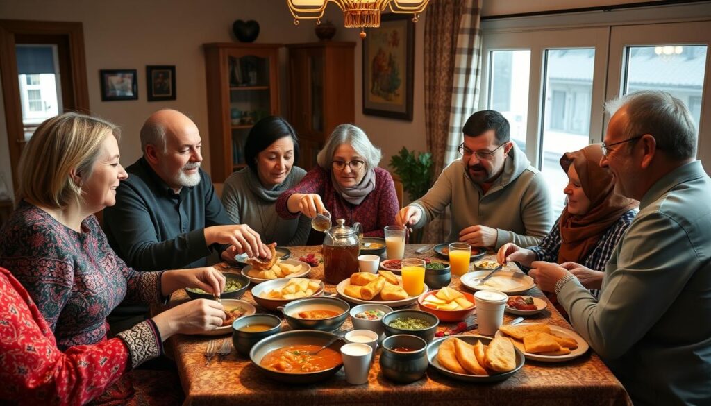 Famille turque partageant un petit-déjeuner traditionnel dans une ambiance conviviale