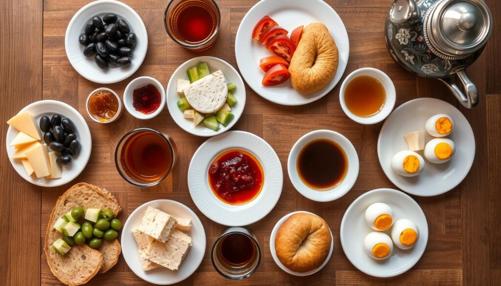 Plateau de petit-déjeuner turc complet avec divers fromages, olives, miel et thé