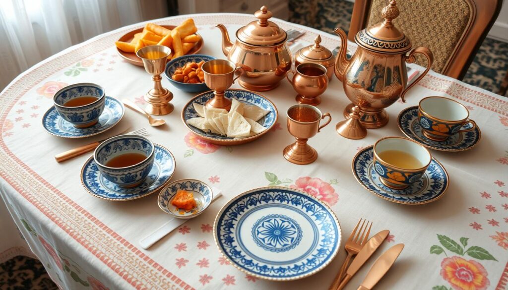 Présentation élégante d'un petit-déjeuner turc avec vaisselle traditionnelle