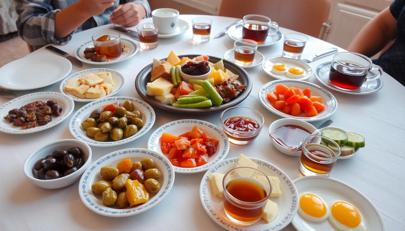 Table de petit-déjeuner turc traditionnelle avec différents plats, fromages, olives et thé